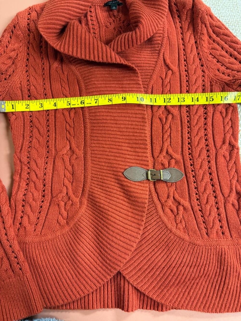 Talbots Rustic Orange Cable Knit Cardigan Buckle Shawl Collar Small - Picture 13 of 14